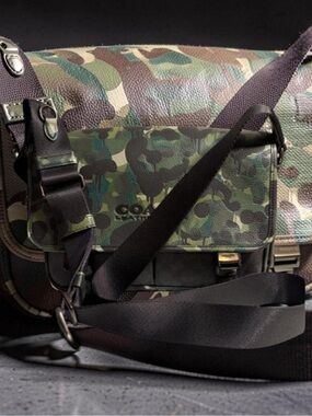 Coach Men’s Camouflage Leather Messenger Bag in Green and Black